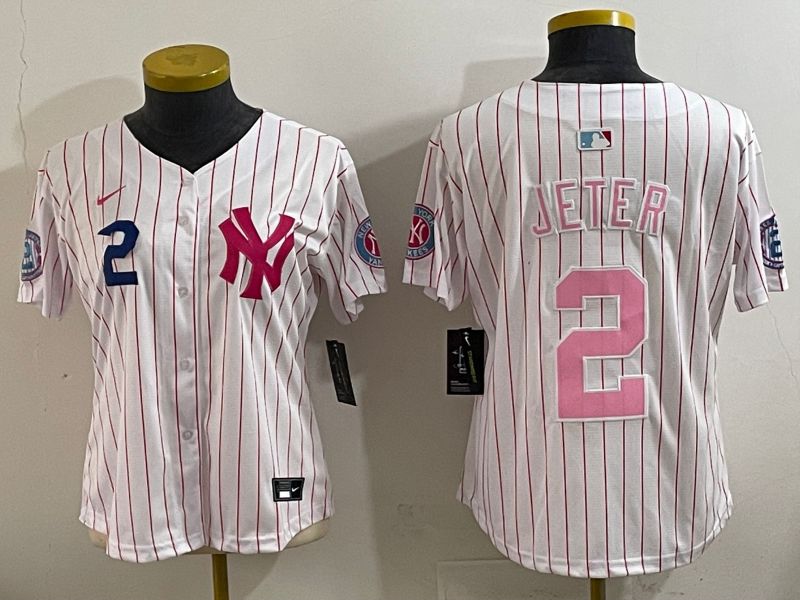 Women 2025 New York Yankees #2 Jeter White pink Joint Name Nike MLB Jersey style 7
